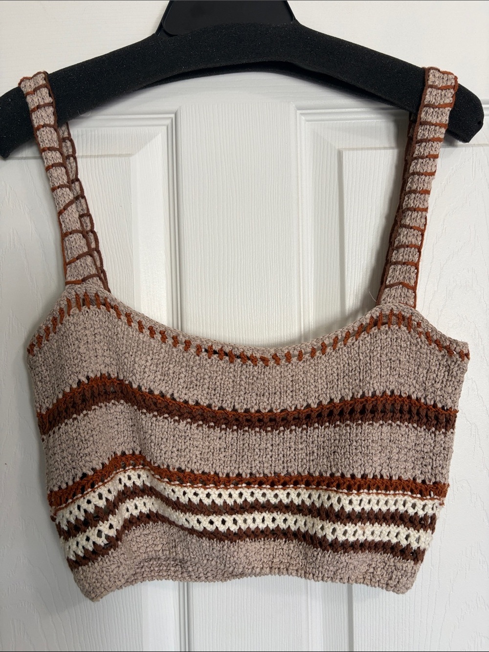 Zara Knit Brown & Cream Striped Crochet Cropped Tank - Picture 4 of 10